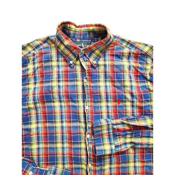 Polo ralph lauren Linen blend Multicolor plaid mens medium button shirt pony - Picture 1 of 6